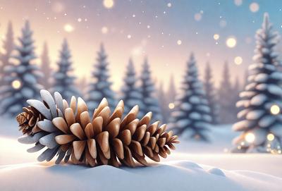 The primary subject of the image is a pinecone, which is the main object in the scene. The setting is a snowy environment, with a backdrop of snow-covered trees. The visual style of the image is digital art, as it is a well-crafted and detailed illustration. The colors and mood of the image are predominantly white and cold, as the snow and pinecone are the main elements in the scene.